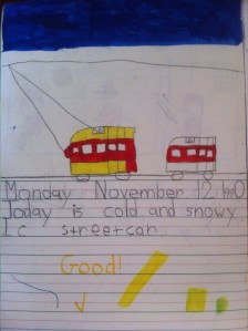 Journal from first grade with drawing of 45